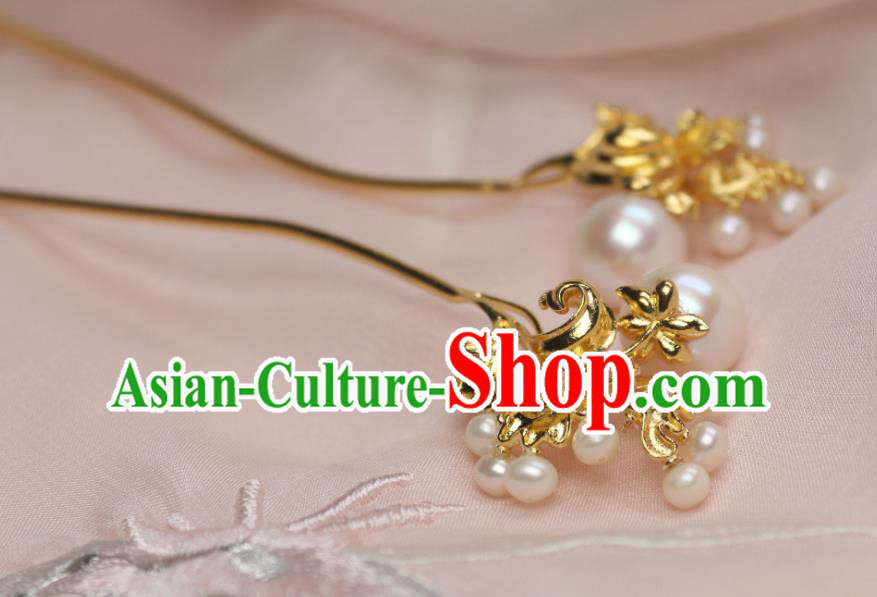 Chinese Handmade Tang Dynasty Golden Hairpin Traditional Ancient Princess Pearls Hair Stick Headpiece