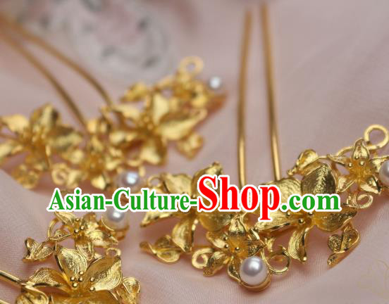 Chinese Traditional Ancient Princess Hair Stick Headpiece Handmade Tang Dynasty Golden Peach Flowers Hairpin