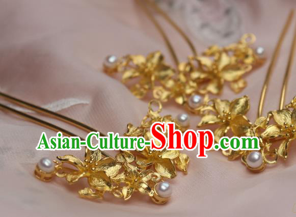 Chinese Traditional Ancient Princess Hair Stick Headpiece Handmade Tang Dynasty Golden Peach Flowers Hairpin