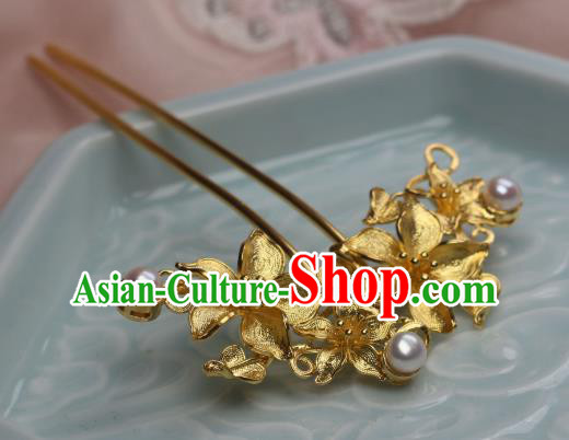 Chinese Traditional Ancient Princess Hair Stick Headpiece Handmade Tang Dynasty Golden Peach Flowers Hairpin