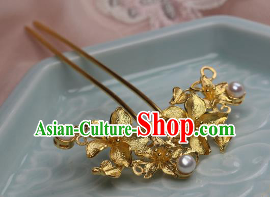 Chinese Traditional Ancient Princess Hair Stick Headpiece Handmade Tang Dynasty Golden Peach Flowers Hairpin