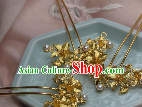 Chinese Traditional Ancient Princess Hair Stick Headpiece Handmade Tang Dynasty Golden Peach Flowers Hairpin