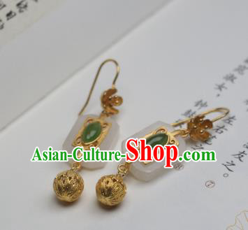 China Traditional Cheongsam White Jade Earrings Ancient Princess Golden Ear Jewelry