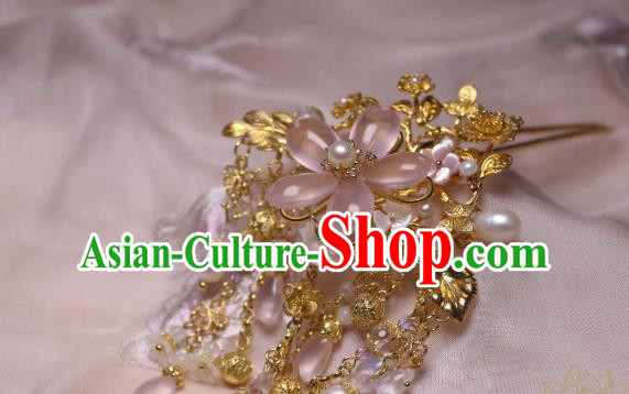 Chinese Handmade Pink Sakura Hairpin Traditional Ancient Princess Moonstone Hair Stick Headwear