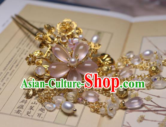 Chinese Handmade Pink Sakura Hairpin Traditional Ancient Princess Moonstone Hair Stick Headwear