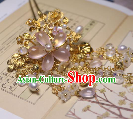 Chinese Handmade Pink Sakura Hairpin Traditional Ancient Princess Moonstone Hair Stick Headwear