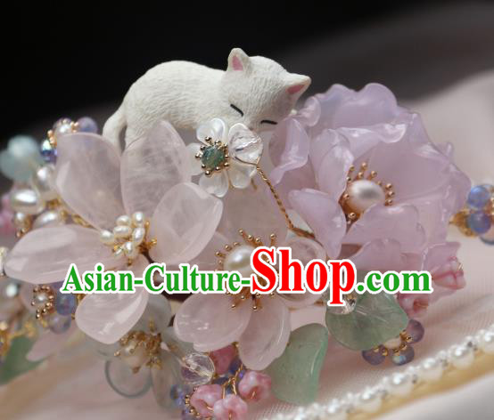 Chinese Handmade Rose Quartz Hairpin Traditional Ancient Princess Sakura Hair Stick
