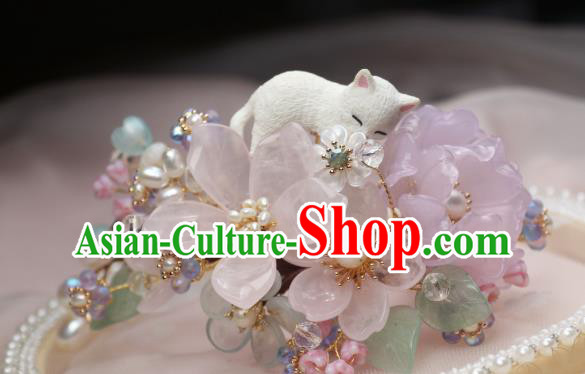 Chinese Handmade Rose Quartz Hairpin Traditional Ancient Princess Sakura Hair Stick