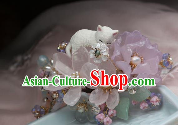 Chinese Handmade Rose Quartz Hairpin Traditional Ancient Princess Sakura Hair Stick