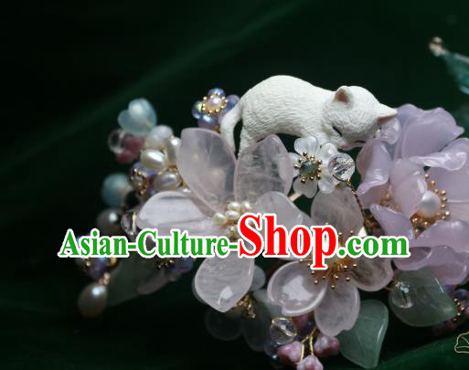 Chinese Handmade Rose Quartz Hairpin Traditional Ancient Princess Sakura Hair Stick