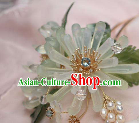 Chinese Handmade Crystal Pearls Hairpin Traditional Ancient Princess Green Chrysanthemum Hair Stick