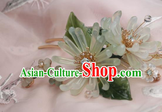 Chinese Handmade Crystal Pearls Hairpin Traditional Ancient Princess Green Chrysanthemum Hair Stick