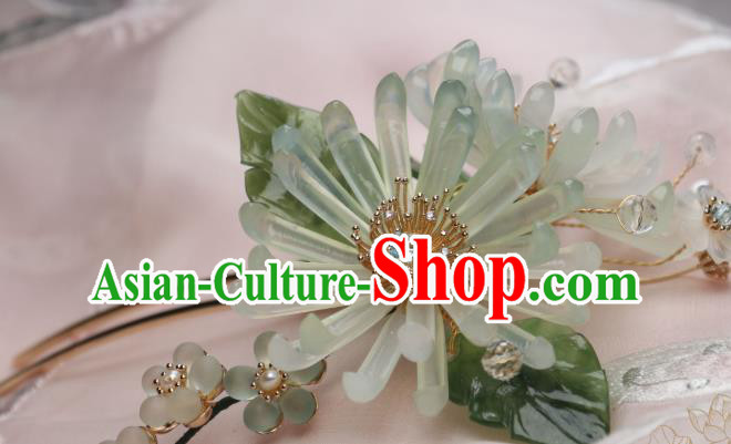 Chinese Handmade Crystal Pearls Hairpin Traditional Ancient Princess Green Chrysanthemum Hair Stick