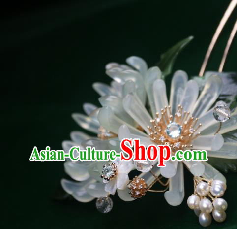 Chinese Handmade Crystal Pearls Hairpin Traditional Ancient Princess Green Chrysanthemum Hair Stick