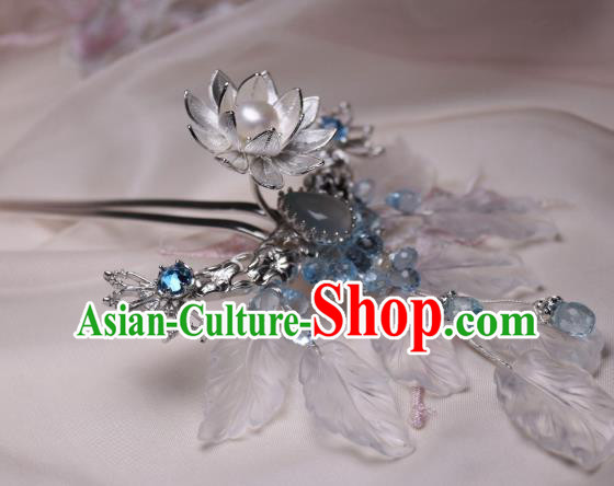 Chinese Handmade White Chalcedony Hairpin Traditional Ancient Princess Argent Lotus Hair Comb
