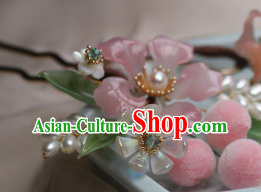 Chinese Handmade Peach Flower Hairpin Traditional Ancient Princess Pearls Hair Stick