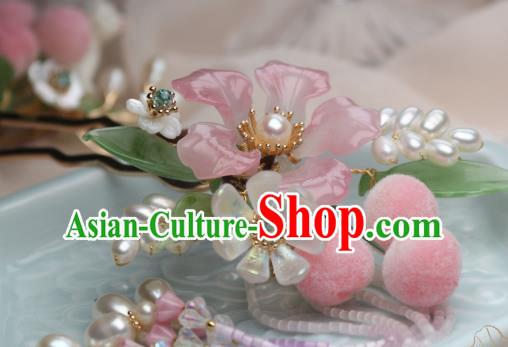 Chinese Handmade Peach Flower Hairpin Traditional Ancient Princess Pearls Hair Stick