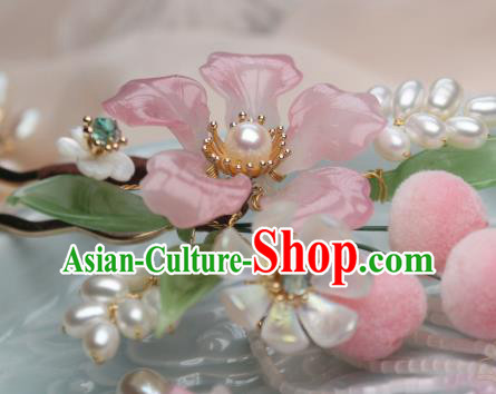 Chinese Handmade Peach Flower Hairpin Traditional Ancient Princess Pearls Hair Stick