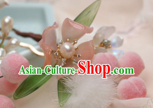 Chinese Handmade Peach Flower Hairpin Traditional Ancient Princess Pearls Hair Stick