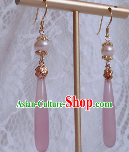 China Traditional Hanfu Pink Earrings Ancient Ming Dynasty Eardrop Jewelry