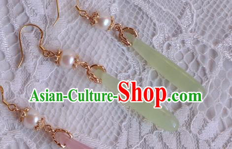 China Traditional Hanfu Green Earrings Ancient Ming Dynasty Princess Pearl Eardrop Jewelry