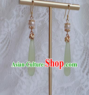 China Traditional Hanfu Green Earrings Ancient Ming Dynasty Princess Pearl Eardrop Jewelry