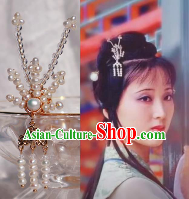 Chinese Handmade Pearls Phoenix Hairpin Traditional Ming Dynasty Noble Lady Hair Stick