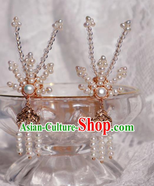 Chinese Handmade Pearls Phoenix Hairpin Traditional Ming Dynasty Noble Lady Hair Stick