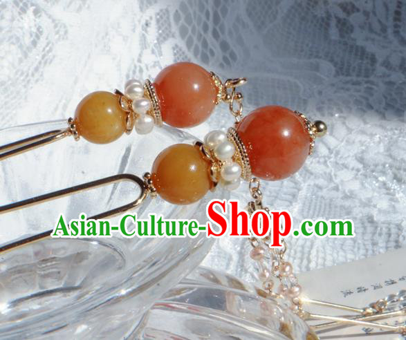 Chinese Handmade Agate Hairpin Traditional Tang Dynasty Noble Princess Pearls Tassel Hair Stick