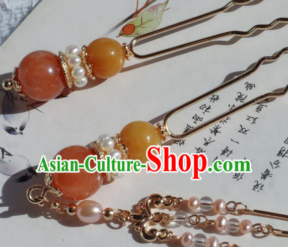 Chinese Handmade Agate Hairpin Traditional Tang Dynasty Noble Princess Pearls Tassel Hair Stick