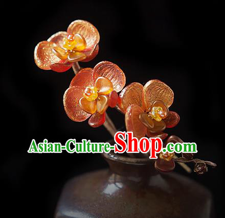 Chinese Handmade Red Phalaenopsis Hair Stick Traditional Ming Dynasty Princess Flowers Hairpin