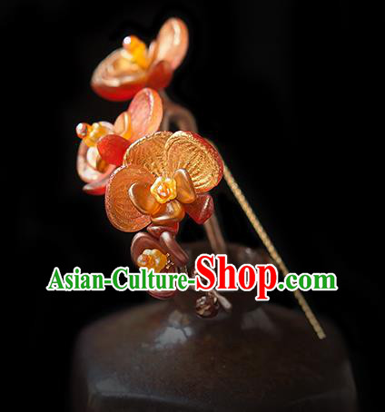 Chinese Handmade Red Phalaenopsis Hair Stick Traditional Ming Dynasty Princess Flowers Hairpin