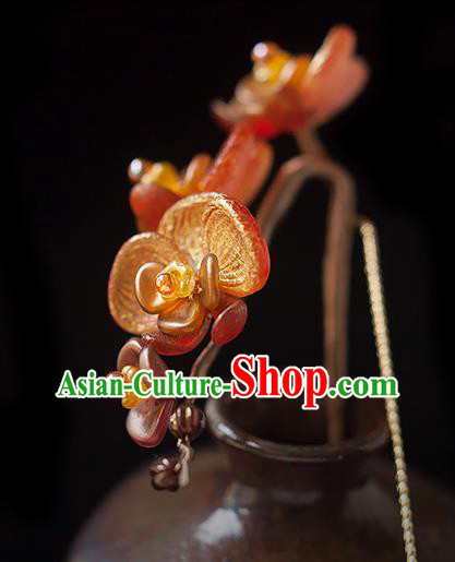 Chinese Handmade Red Phalaenopsis Hair Stick Traditional Ming Dynasty Princess Flowers Hairpin