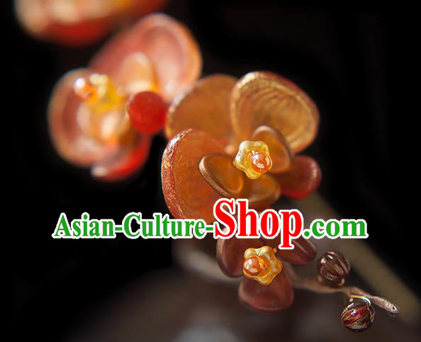 Chinese Handmade Red Phalaenopsis Hair Stick Traditional Ming Dynasty Princess Flowers Hairpin