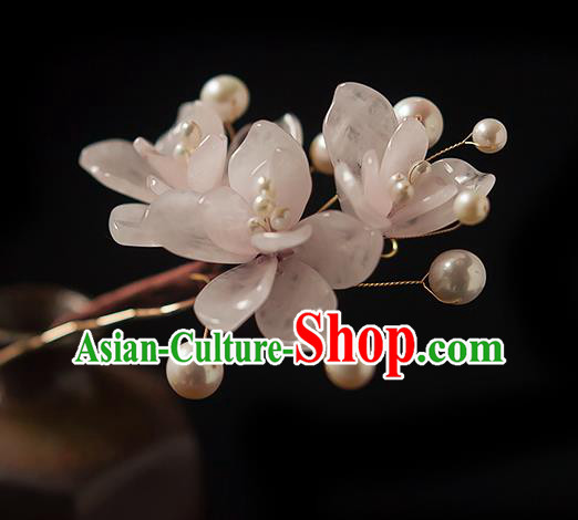 Chinese Handmade Pink Mangnolia Hair Stick Traditional Ming Dynasty Princess Rose Quartz Hairpin