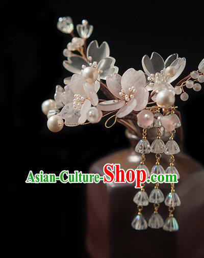 Chinese Handmade Flowers Hair Stick Traditional Ming Dynasty Princess Crystal Tassel Hairpin