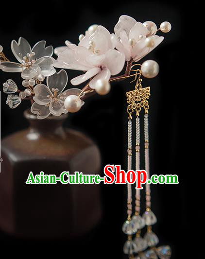Chinese Handmade Beads Tassel Hair Stick Traditional Ming Dynasty Princess Pink Mangnolia Hairpin