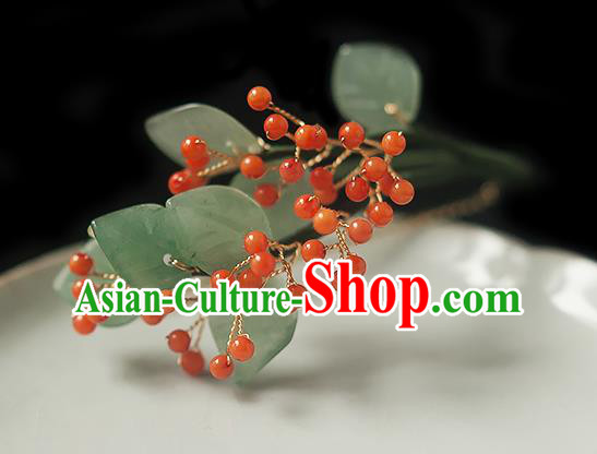 Chinese Handmade Berry Hair Stick Traditional Ming Dynasty Princess Green Leaf Hairpin