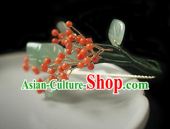 Chinese Handmade Berry Hair Stick Traditional Ming Dynasty Princess Green Leaf Hairpin