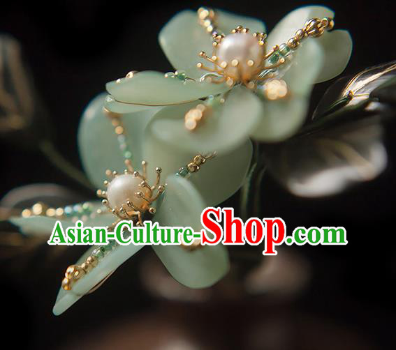 Chinese Handmade Hair Stick Traditional Song Dynasty Princess Green Peach Blossom Hairpin