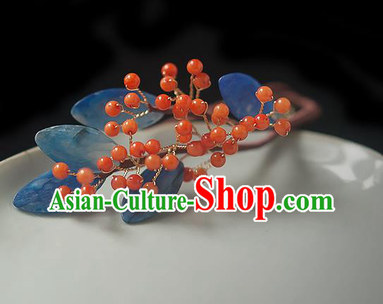 Chinese Handmade Red Berry Hair Stick Traditional Ming Dynasty Princess Blue Leaf Hairpin