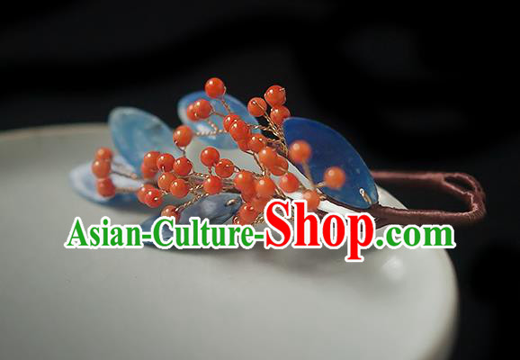 Chinese Handmade Red Berry Hair Stick Traditional Ming Dynasty Princess Blue Leaf Hairpin