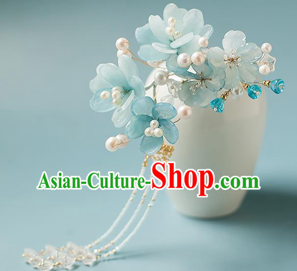 Chinese Handmade Blue Flowers Hair Stick Traditional Tang Dynasty Princess Tassel Hairpin