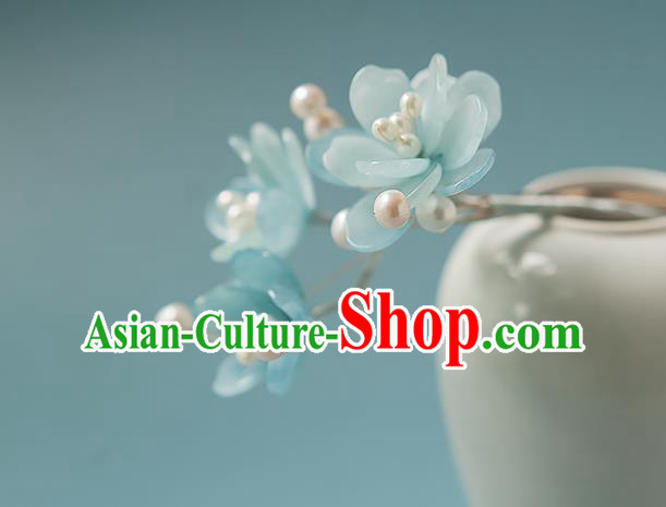 Chinese Handmade Blue Flowers Hair Stick Traditional Tang Dynasty Princess Tassel Hairpin