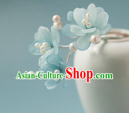 Chinese Handmade Blue Flowers Hair Stick Traditional Tang Dynasty Princess Tassel Hairpin