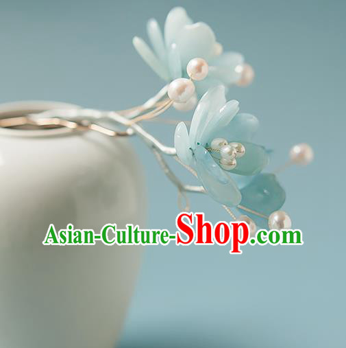 Chinese Handmade Blue Flowers Hair Stick Traditional Tang Dynasty Princess Tassel Hairpin