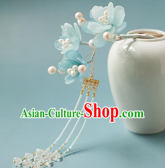 Chinese Handmade Blue Flowers Hair Stick Traditional Tang Dynasty Princess Tassel Hairpin