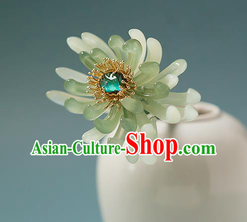 Chinese Handmade Hair Stick Traditional Ming Dynasty Empress Green Chrysanthemum Hairpin