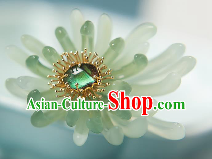 Chinese Handmade Hair Stick Traditional Ming Dynasty Empress Green Chrysanthemum Hairpin