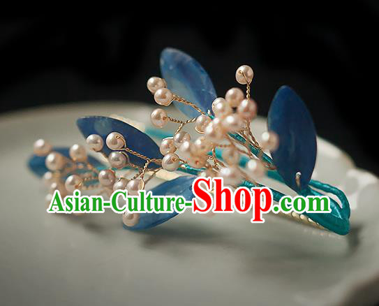 Chinese Handmade Blue Leaf Hair Stick Traditional Ming Dynasty Princess Pearls Hairpin